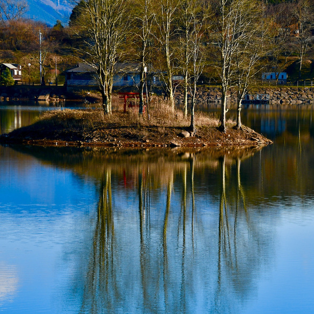 中津川市椛の湖の水鏡、蒼い世界が広がっています、