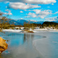 冬晴れの美しい風景、椛の湖と恵那山。弁天島の冬枯れ椛の木。