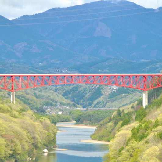 萌える新緑、美恵橋からの木曽川河畔。
